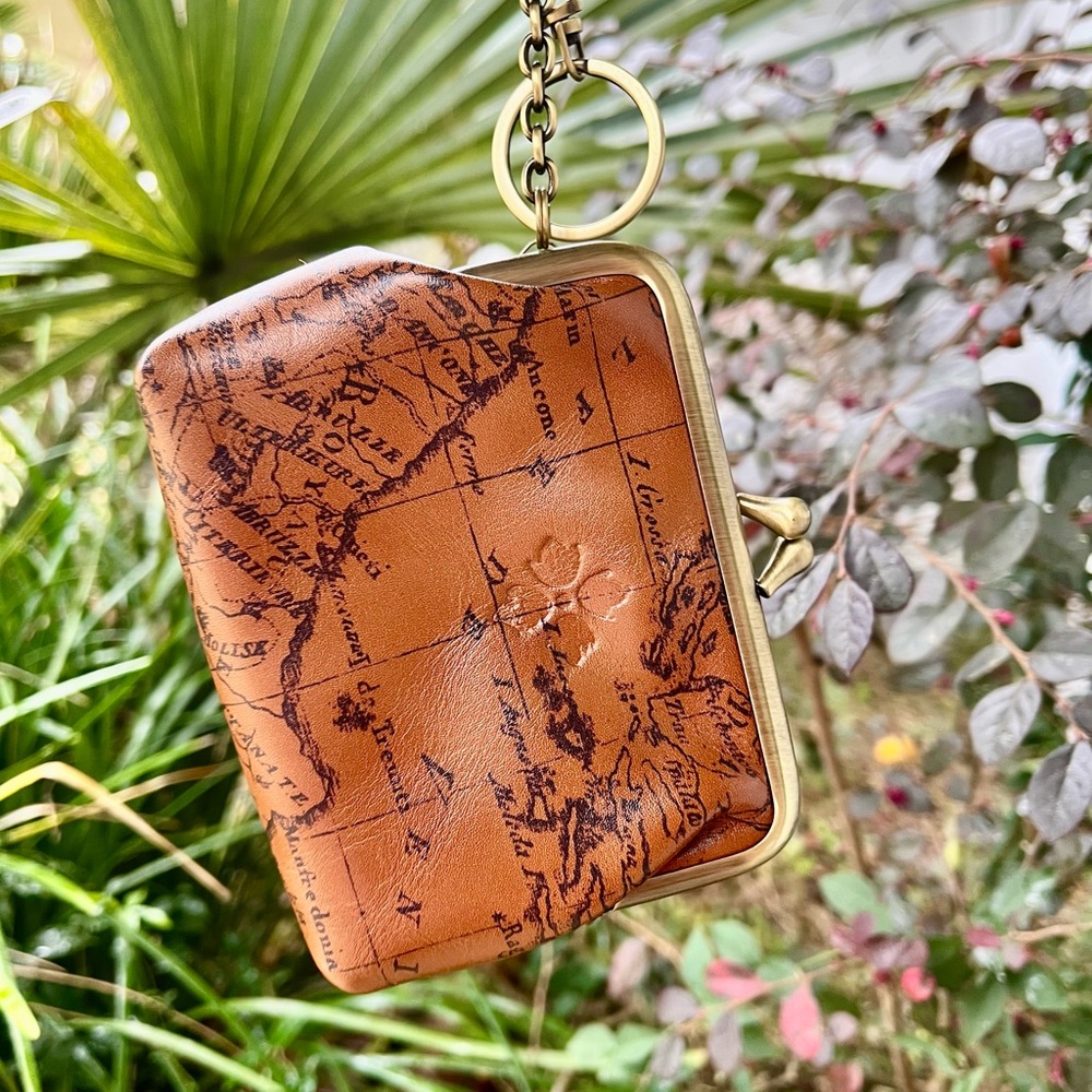Patricia Nash Brown Map Print Leather Kiss Lock Coin Purse Keychain